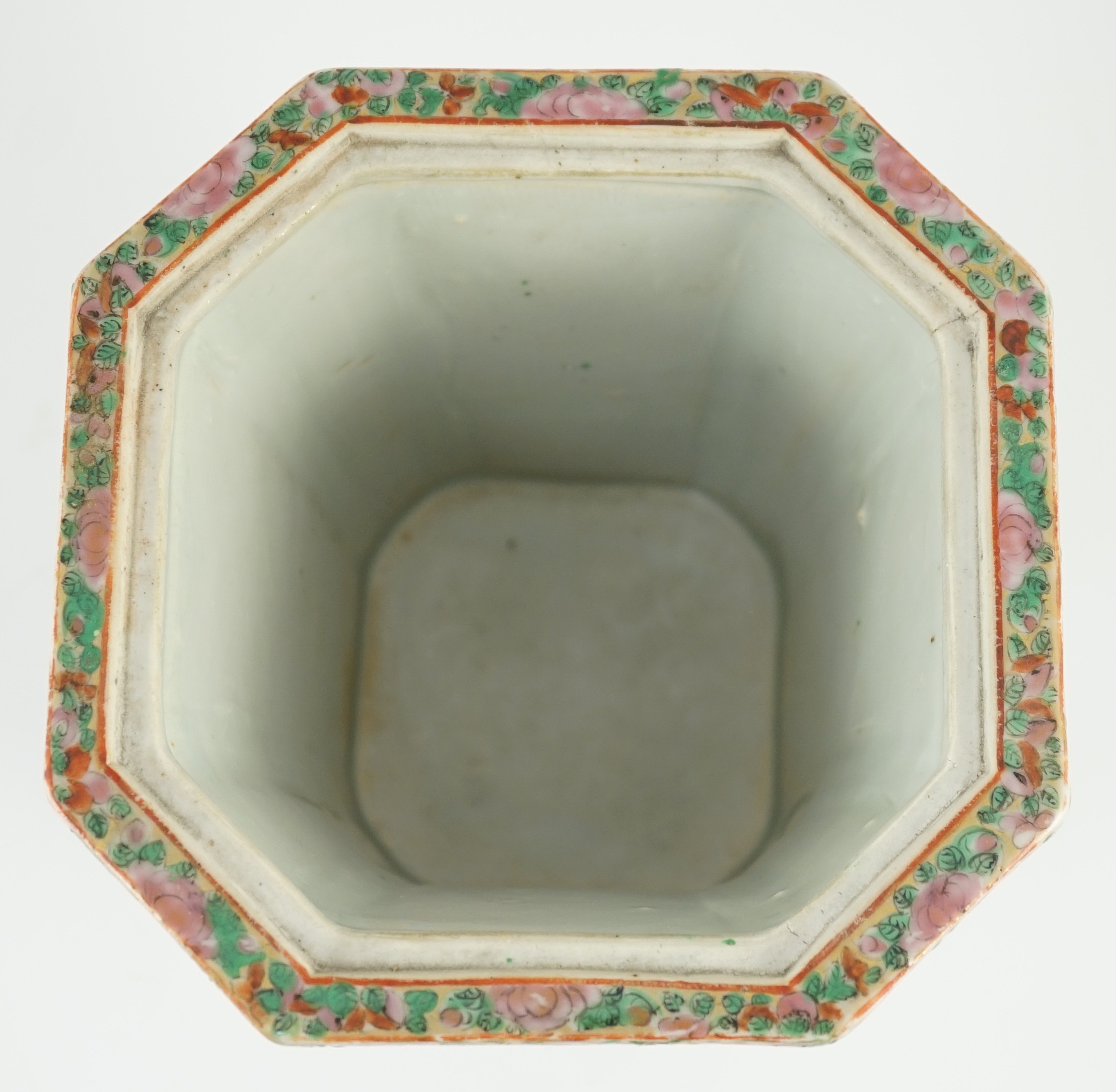 A Chinese Canton (Guangzhou) famille rose decorated bough pot and cover, c.1830, 22cm high, wear to gilding